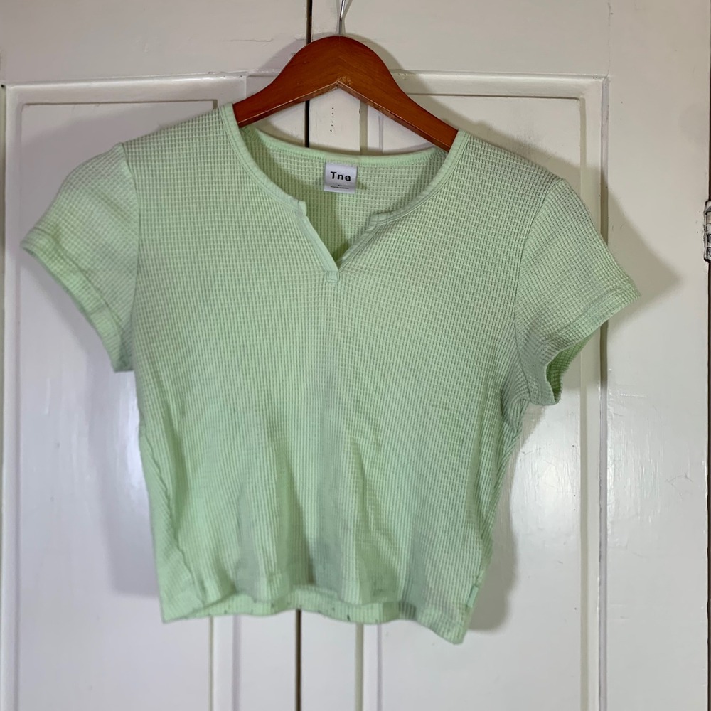 Tna Aritzia Women Mint Green Waffle Knit Notch Neck‎ Crop Top SS Medium READ